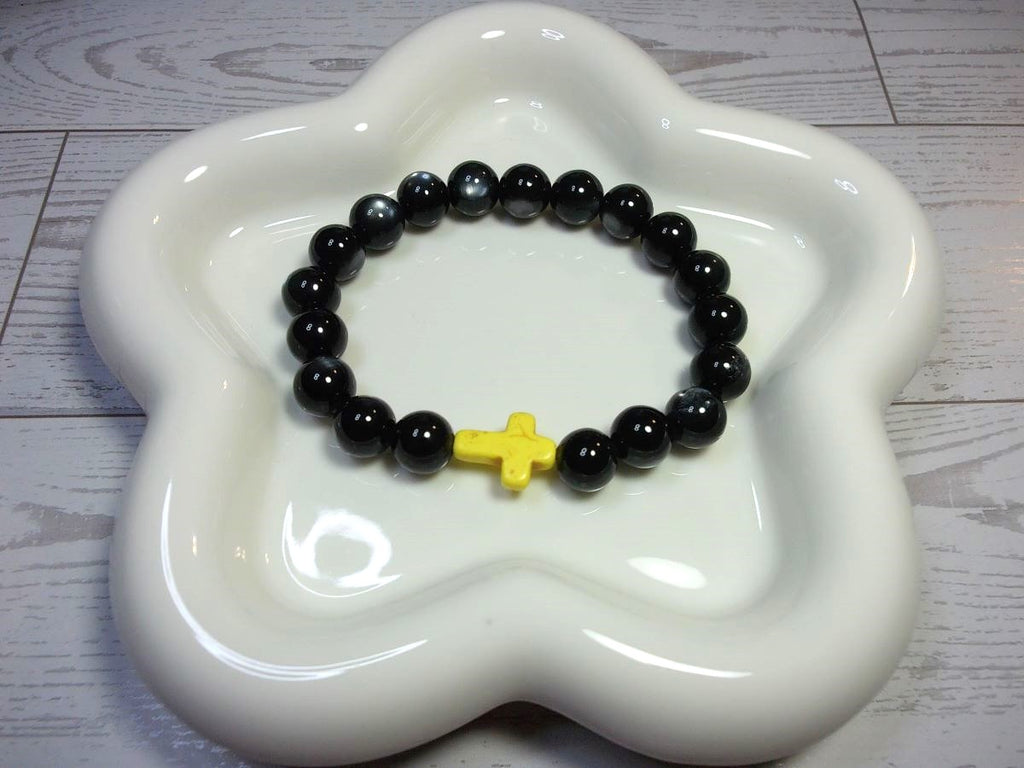 Black Cat Eye Beaded Stretch Bracelet with Yellow Cross