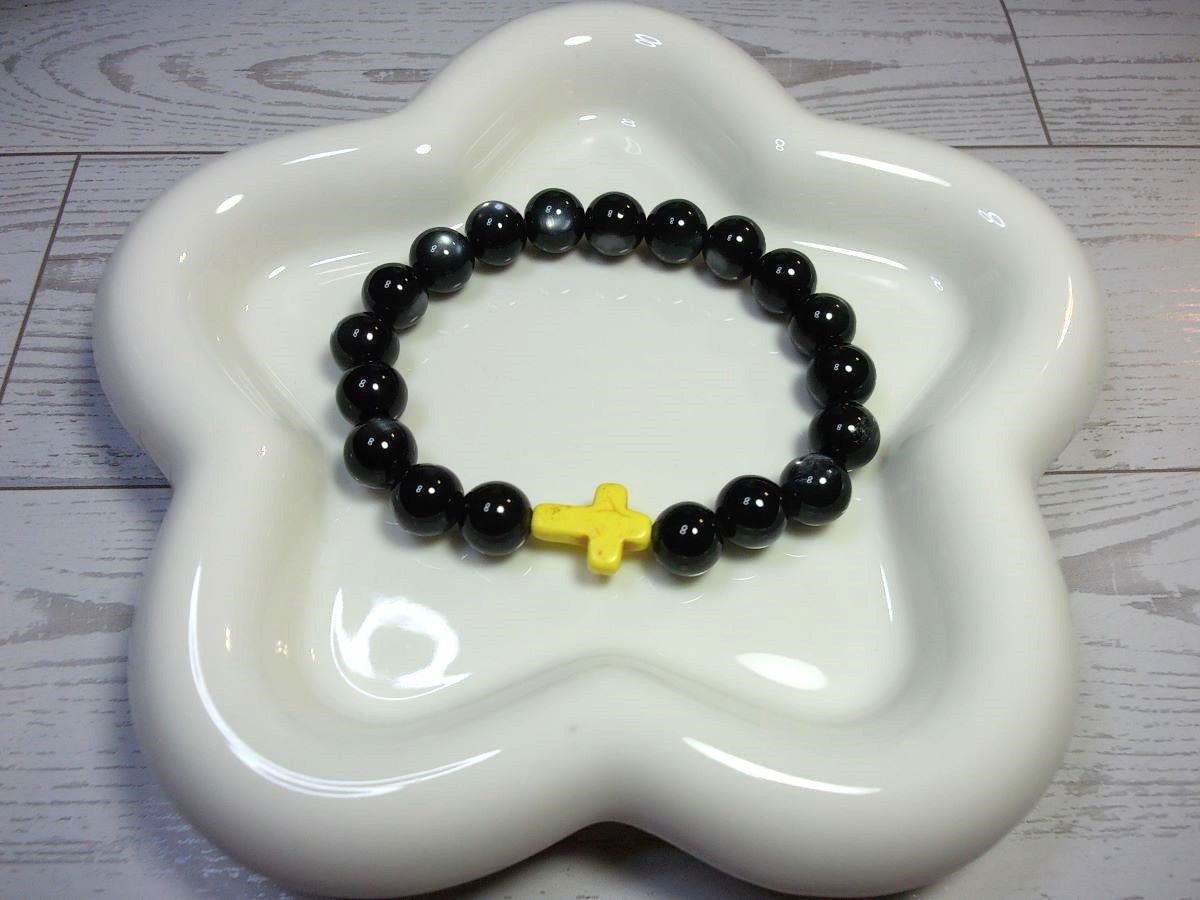 Black Cat Eye Beaded Stretch Bracelet with Yellow Cross