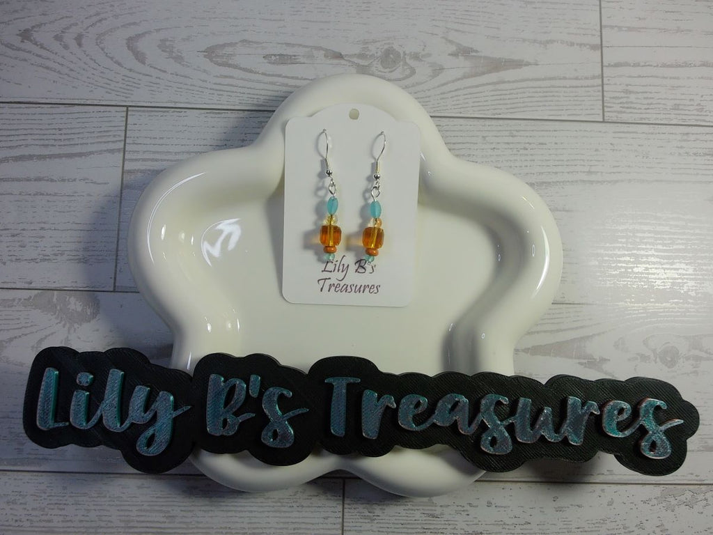 Aqua and Sunset Orange Beaded Drop Earrings with Sterling Silver Hooks