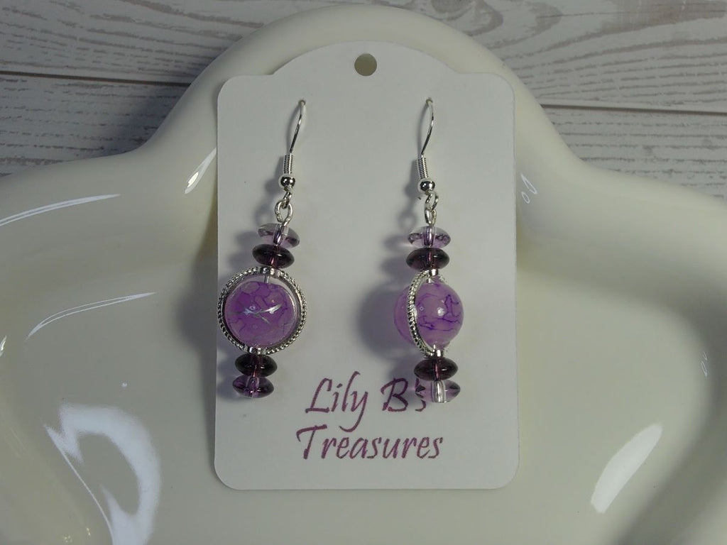 Purple Beaded Drop Earrings with Sterling Silver Accents