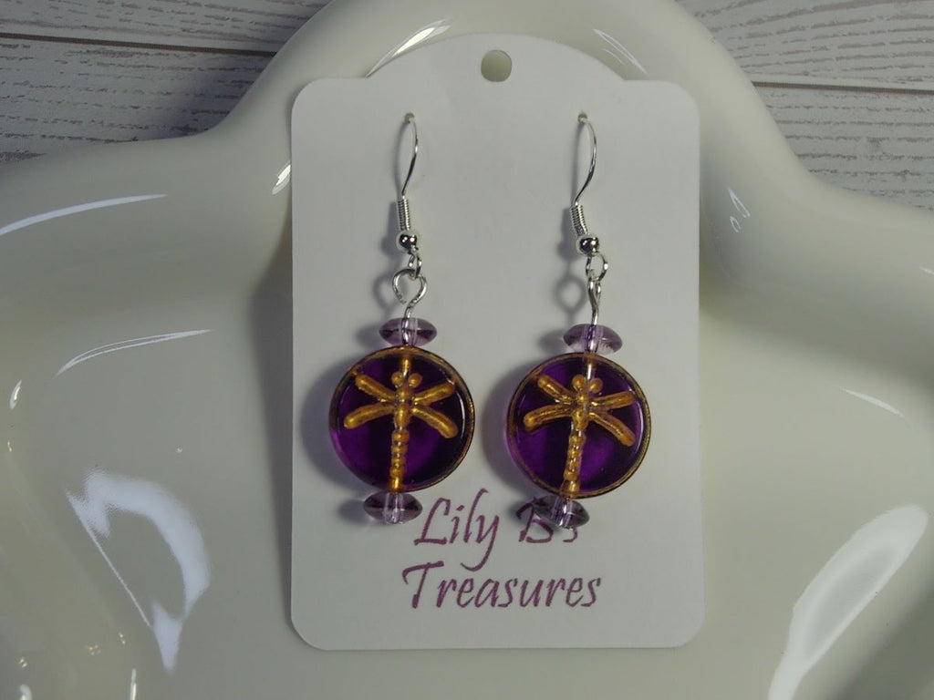 Purple Dragonfly Embossed Drop Earrings - Lightweight Round Disc - Sterling Silver 925