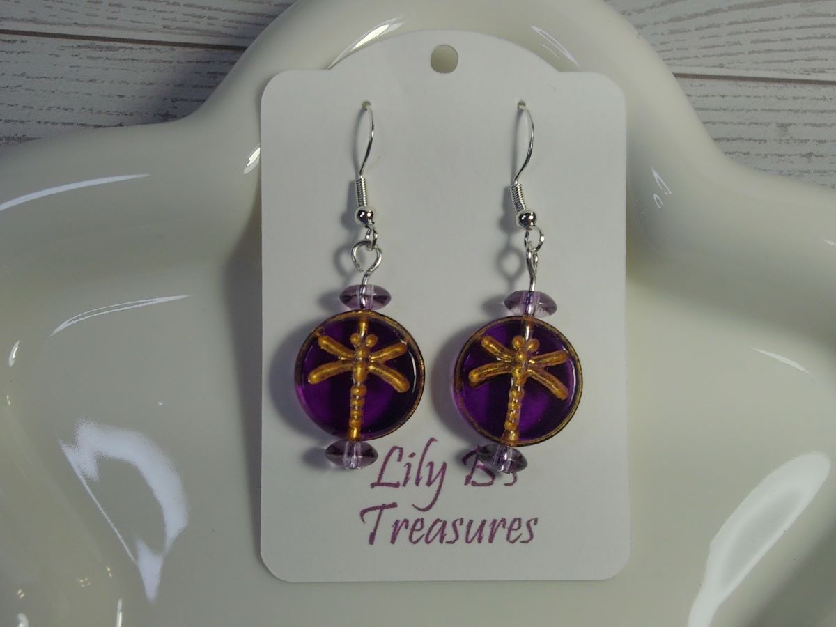 Purple Dragonfly Embossed Drop Earrings - Lightweight Round Disc - Sterling Silver 925
