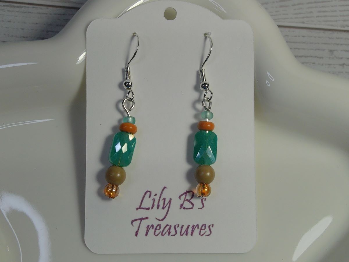 Turquoise Blue and Brown Beaded Drop Earrings with Sterling Silver Hooks