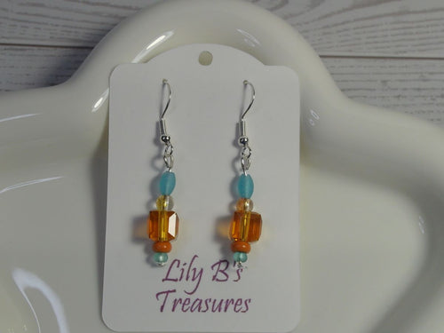 Aqua and Sunset Orange Beaded Drop Earrings with Sterling Silver Hooks