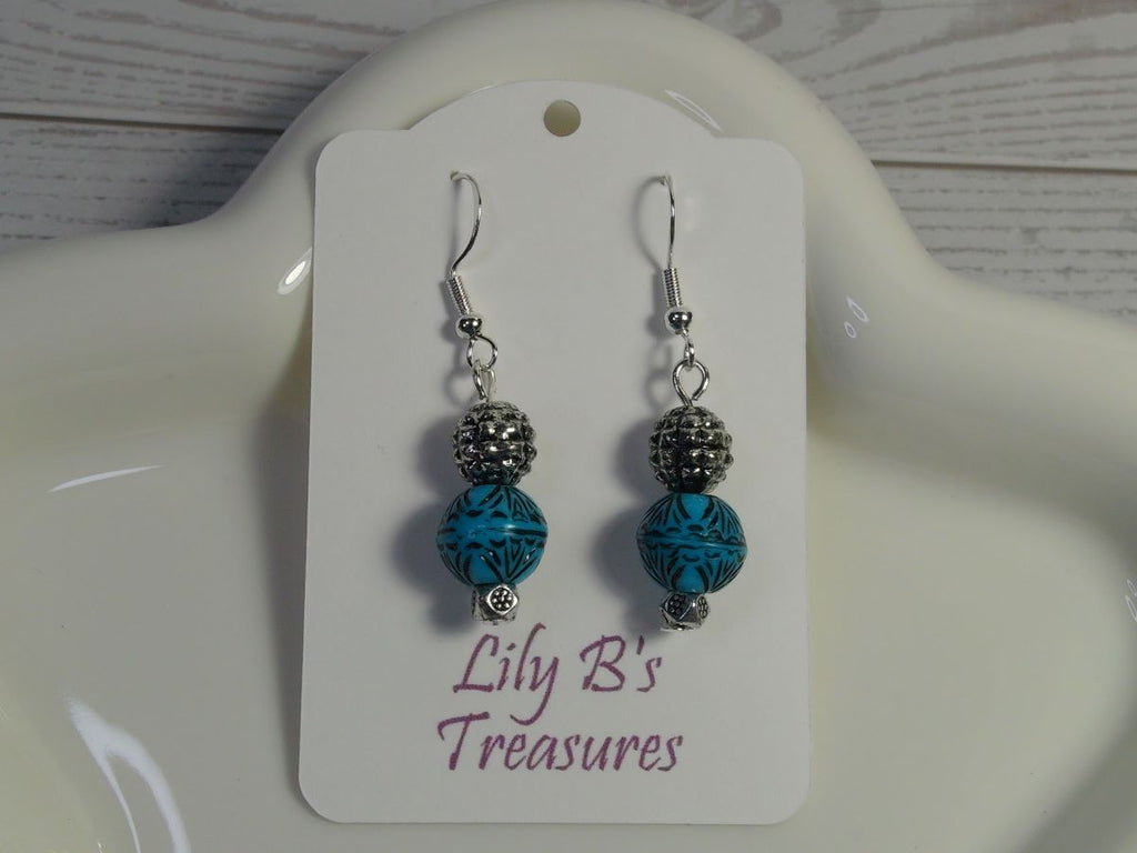 Turquoise Round Bead Drop Earrings with Sterling Silver Hooks