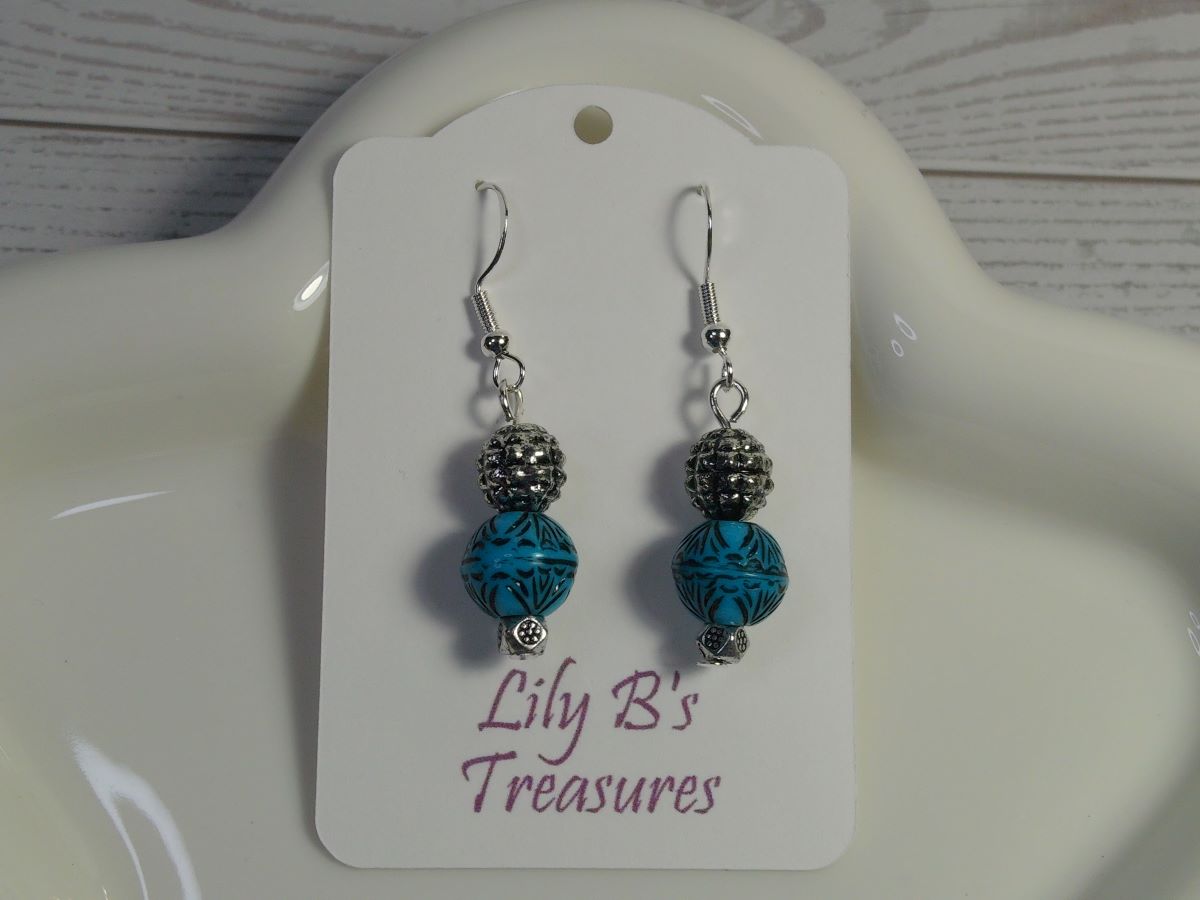 Turquoise Round Bead Drop Earrings with Sterling Silver Hooks