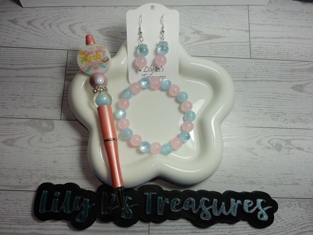 Pink and Blue Cat Eye Beaded Jewelry Set with Beach Pen