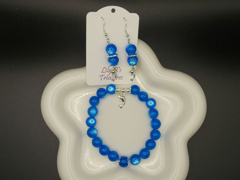 Ocean Blue Cat Eye Beaded Bracelet & Earring Set with Silver Dolphin Pendant