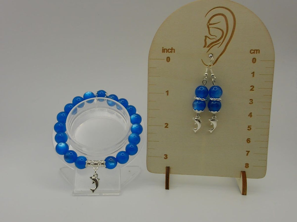 Ocean Blue Cat Eye Beaded Bracelet & Earring Set with Silver Dolphin Pendant