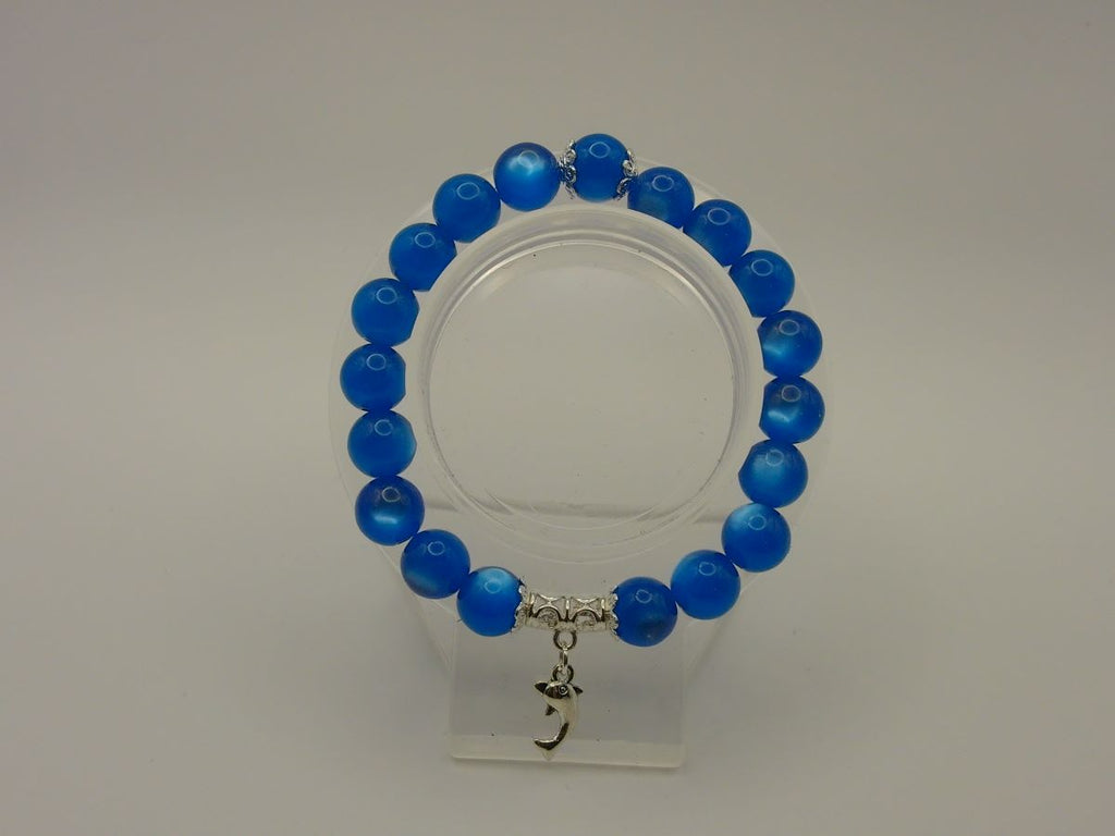 Ocean Blue Cat Eye Beaded Bracelet & Earring Set with Silver Dolphin Pendant