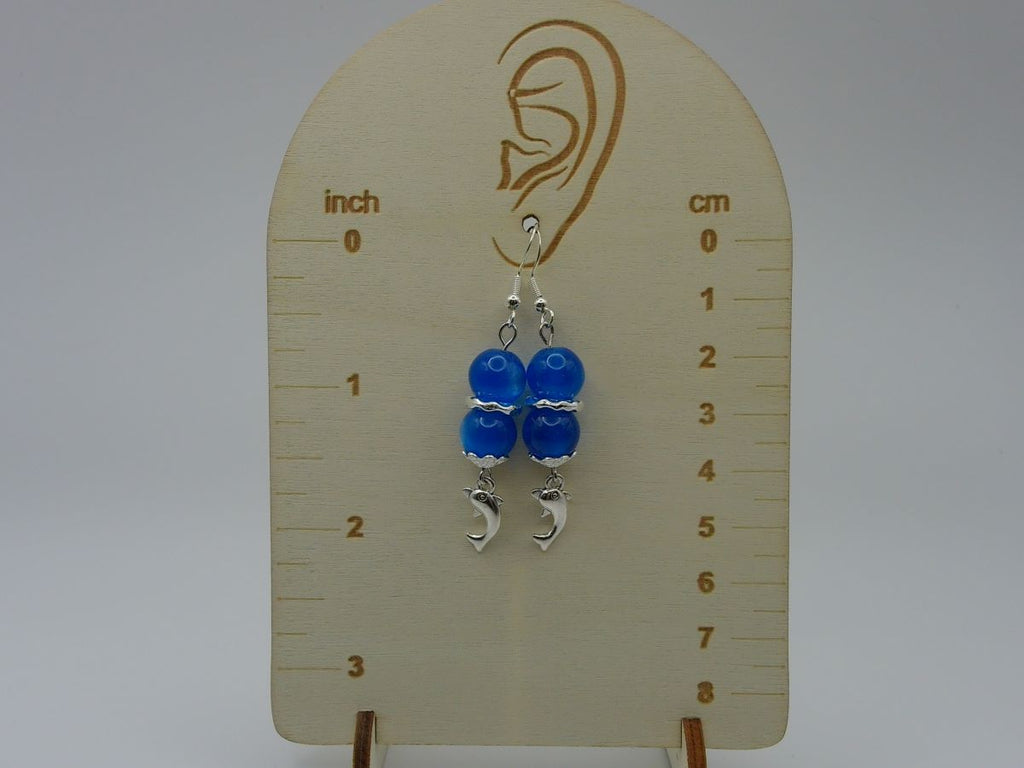 Ocean Blue Cat Eye Beaded Bracelet & Earring Set with Silver Dolphin Pendant
