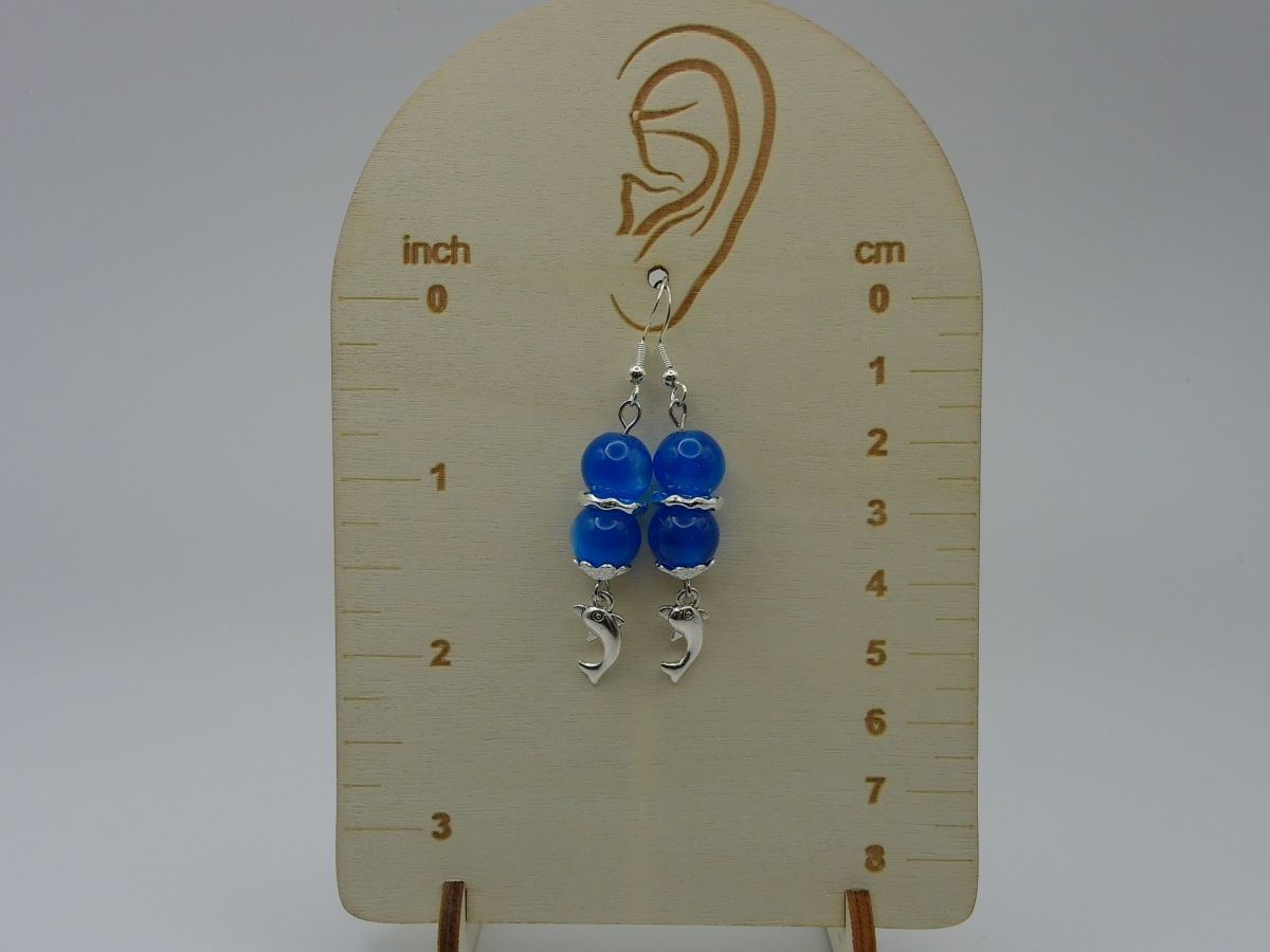 Ocean Blue Cat Eye Beaded Bracelet & Earring Set with Silver Dolphin Pendant