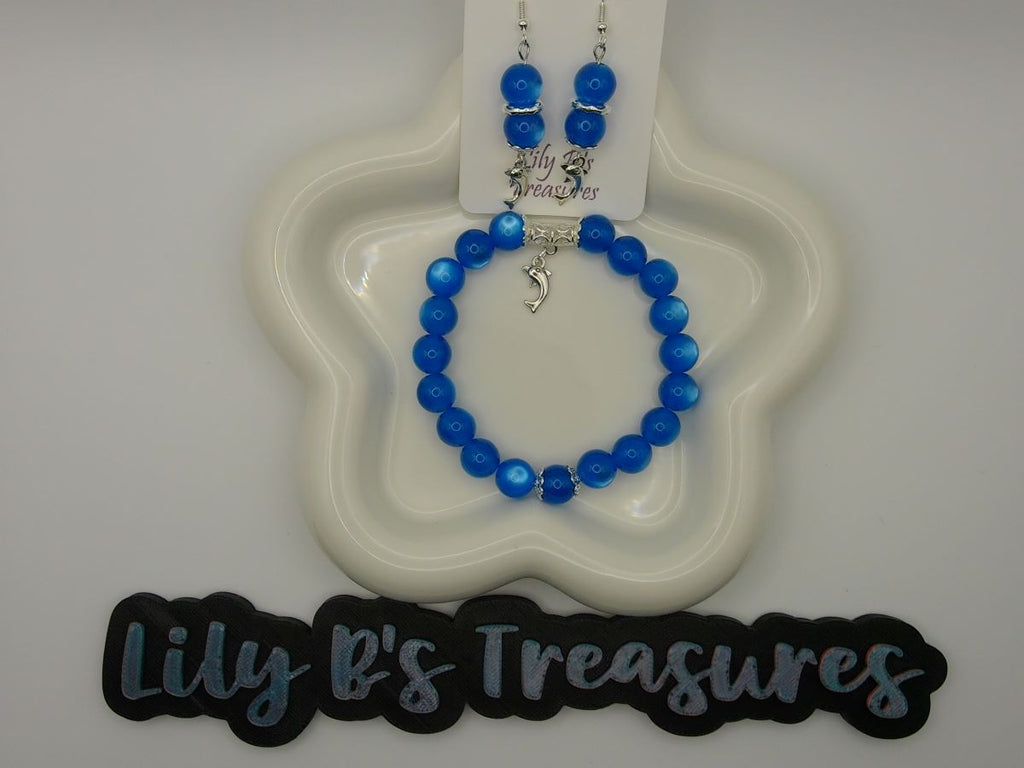 Ocean Blue Cat Eye Beaded Bracelet & Earring Set with Silver Dolphin Pendant