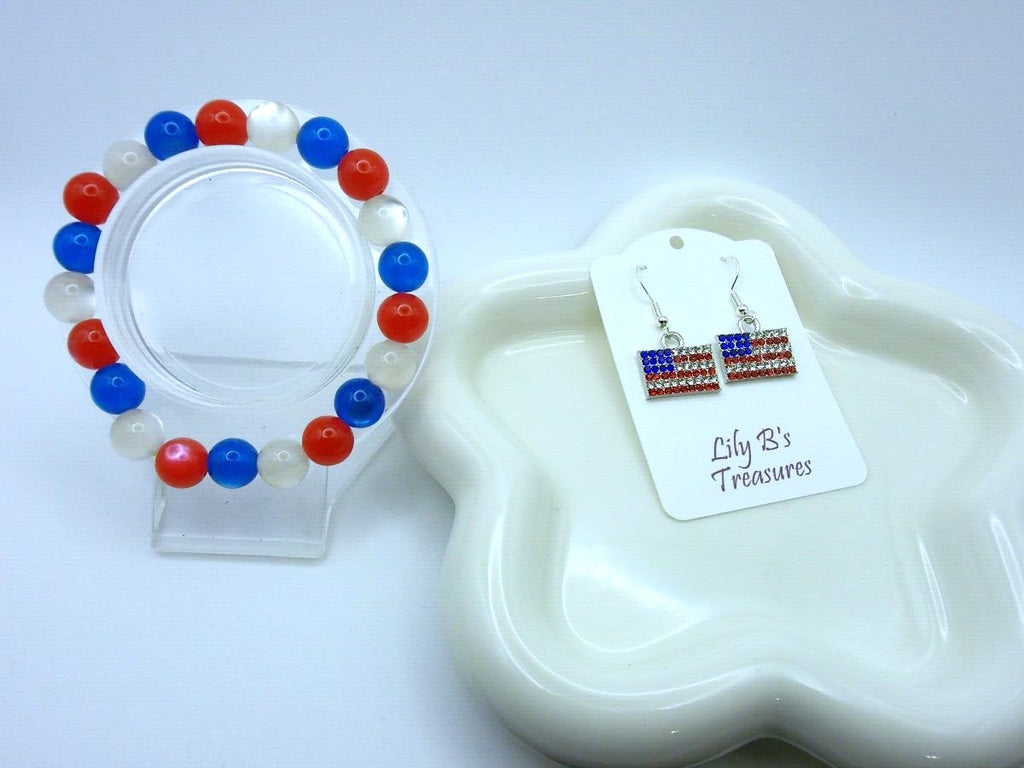 Red, White & Blue Bracelet & Rhinestone Flag Earring Set