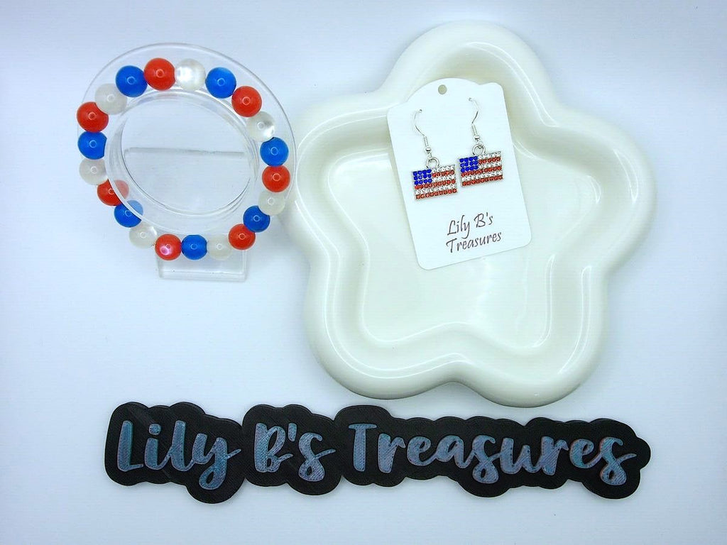 Red, White & Blue Bracelet & Rhinestone Flag Earring Set