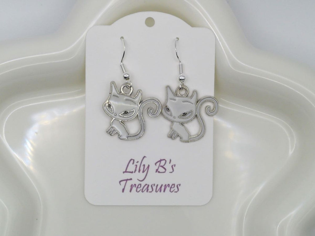 White Cat Earrings with Sterling Silver 925 Hooks