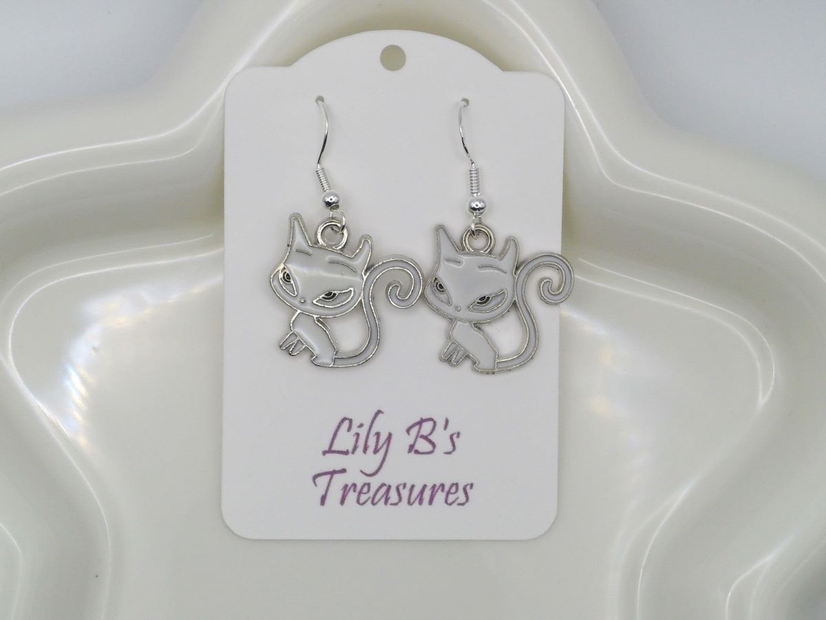 White Cat Earrings with Sterling Silver 925 Hooks