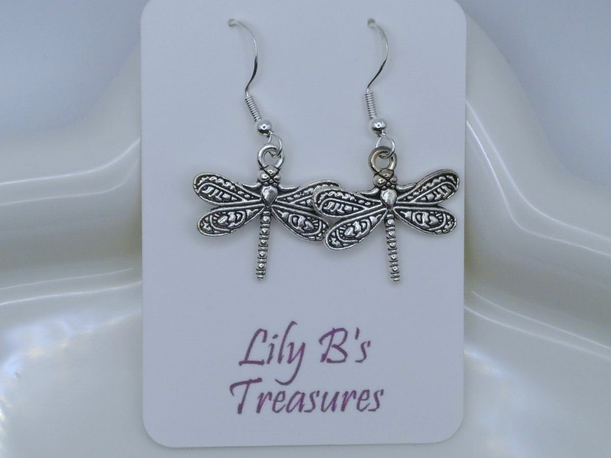 Handcrafted Sterling Silver Dragonfly Pendant Earrings with 925 Hooks