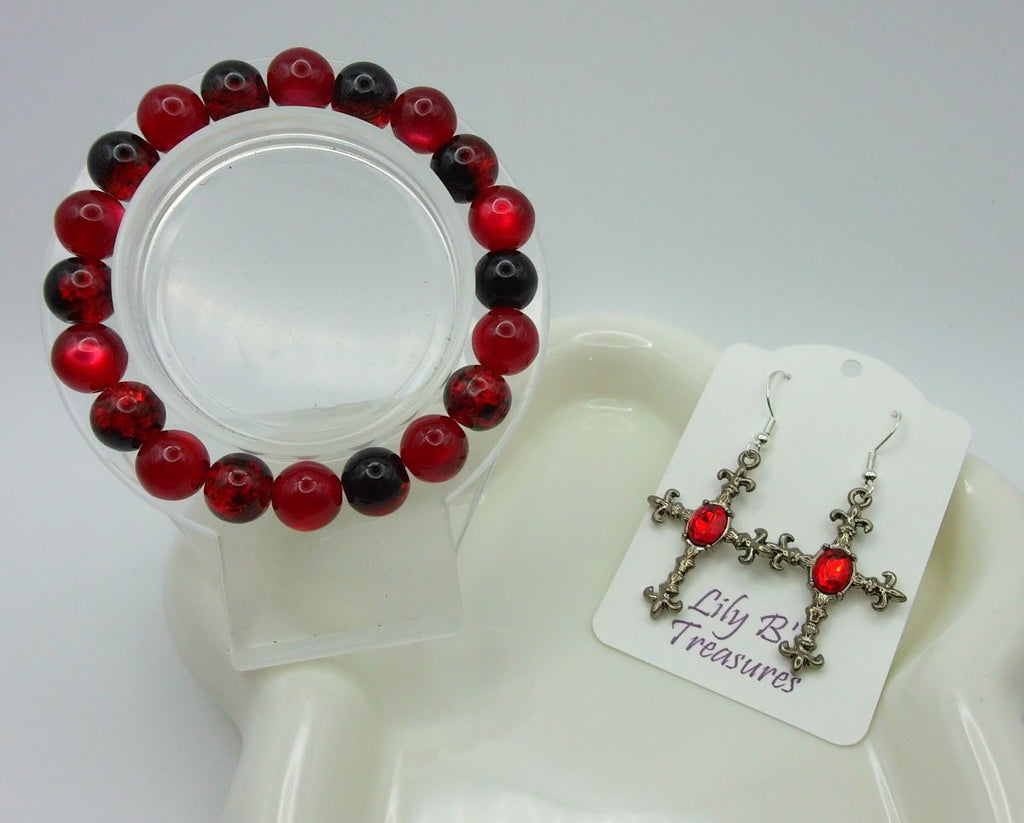 Red & Black Cat Eye Bracelet + Silver Cross Earrings Set