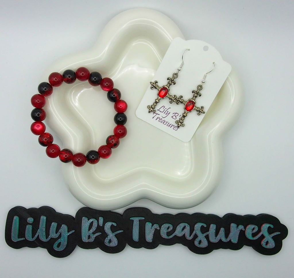Red & Black Cat Eye Bracelet + Silver Cross Earrings Set