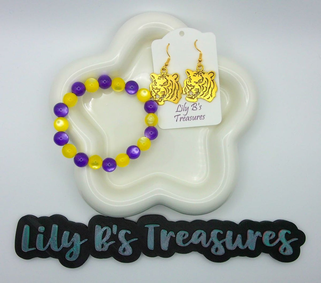 Purple & Yellow Cat Eye Bracelet + Gold Tiger Earrings Set