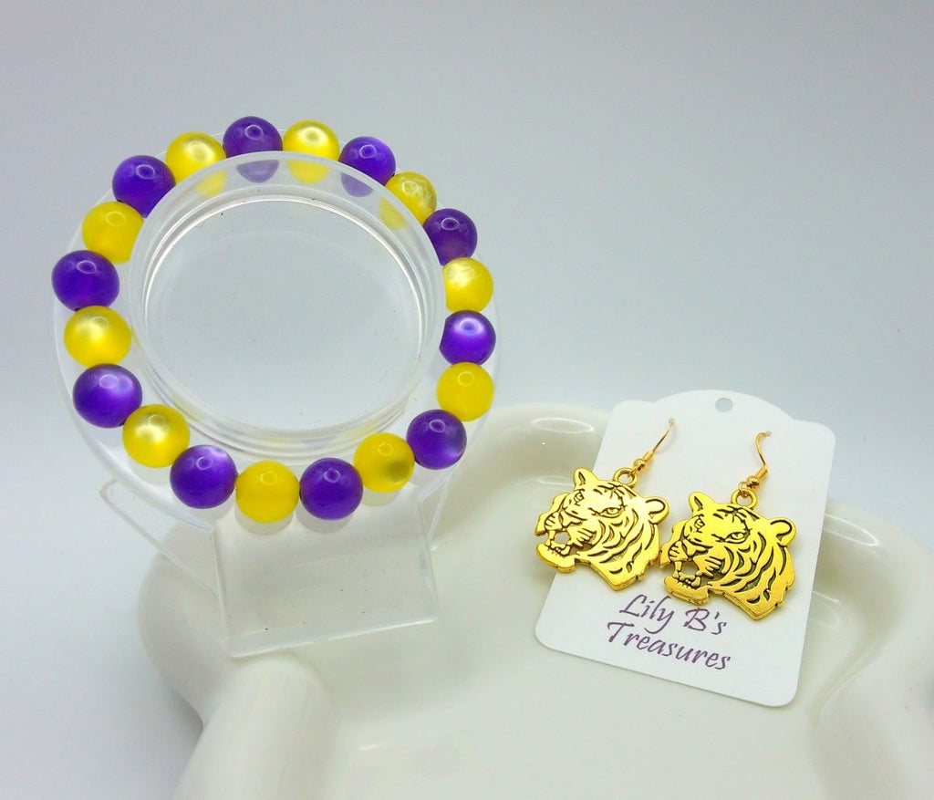 Purple & Yellow Cat Eye Bracelet + Gold Tiger Earrings Set