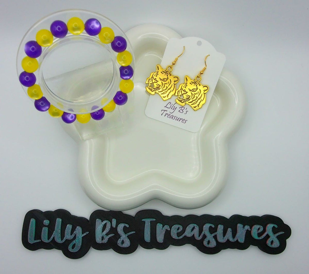 Purple & Yellow Cat Eye Bracelet + Gold Tiger Earrings Set
