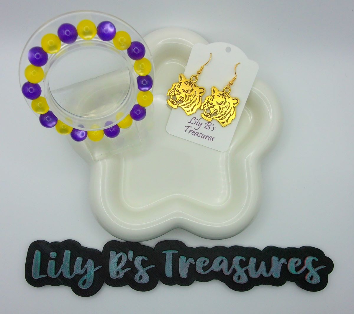Purple & Yellow Cat Eye Bracelet + Gold Tiger Earrings Set
