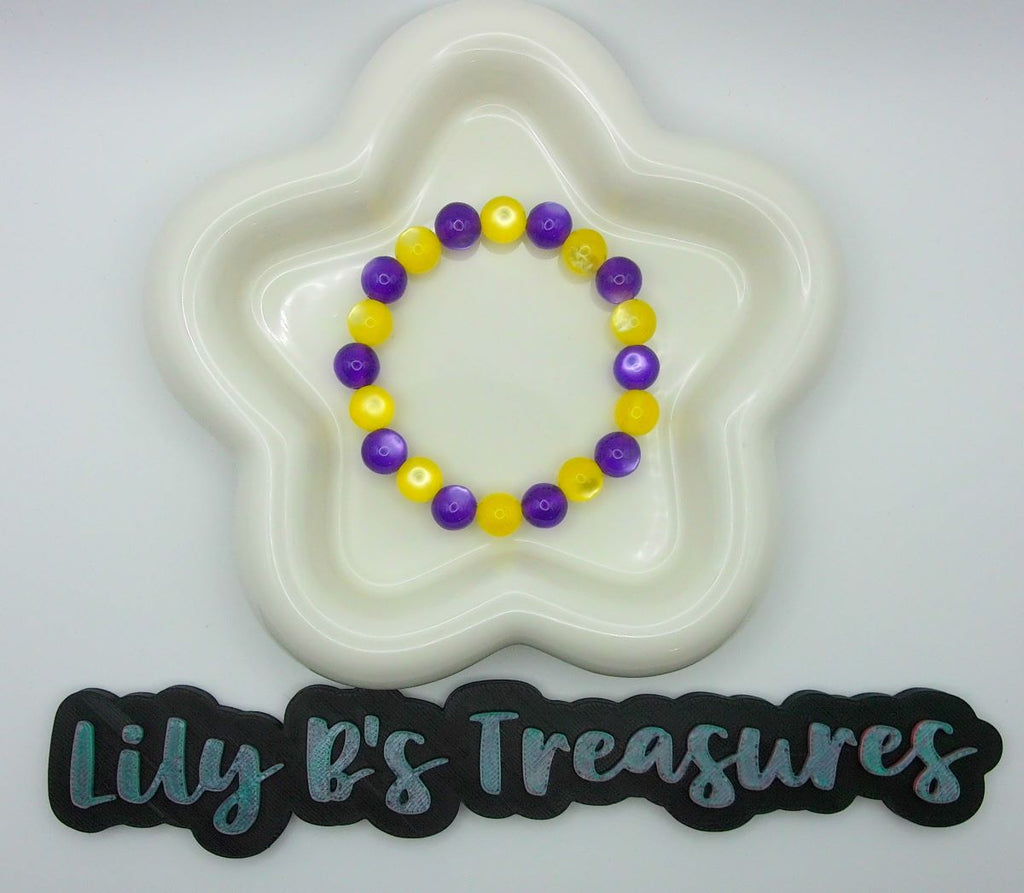 Purple & Yellow Cat Eye Bracelet + Gold Tiger Earrings Set
