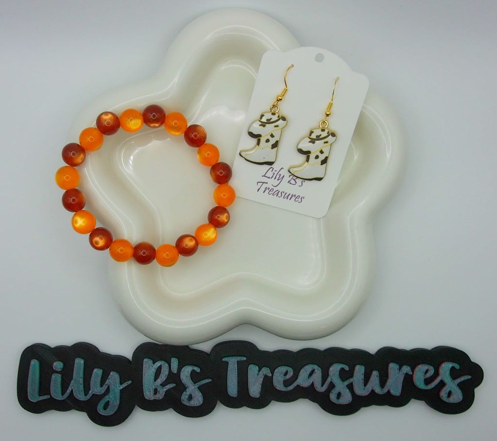 Orange & Brown Cat Eye Bracelet + Cow Print Cowboy Boot Earrings Set