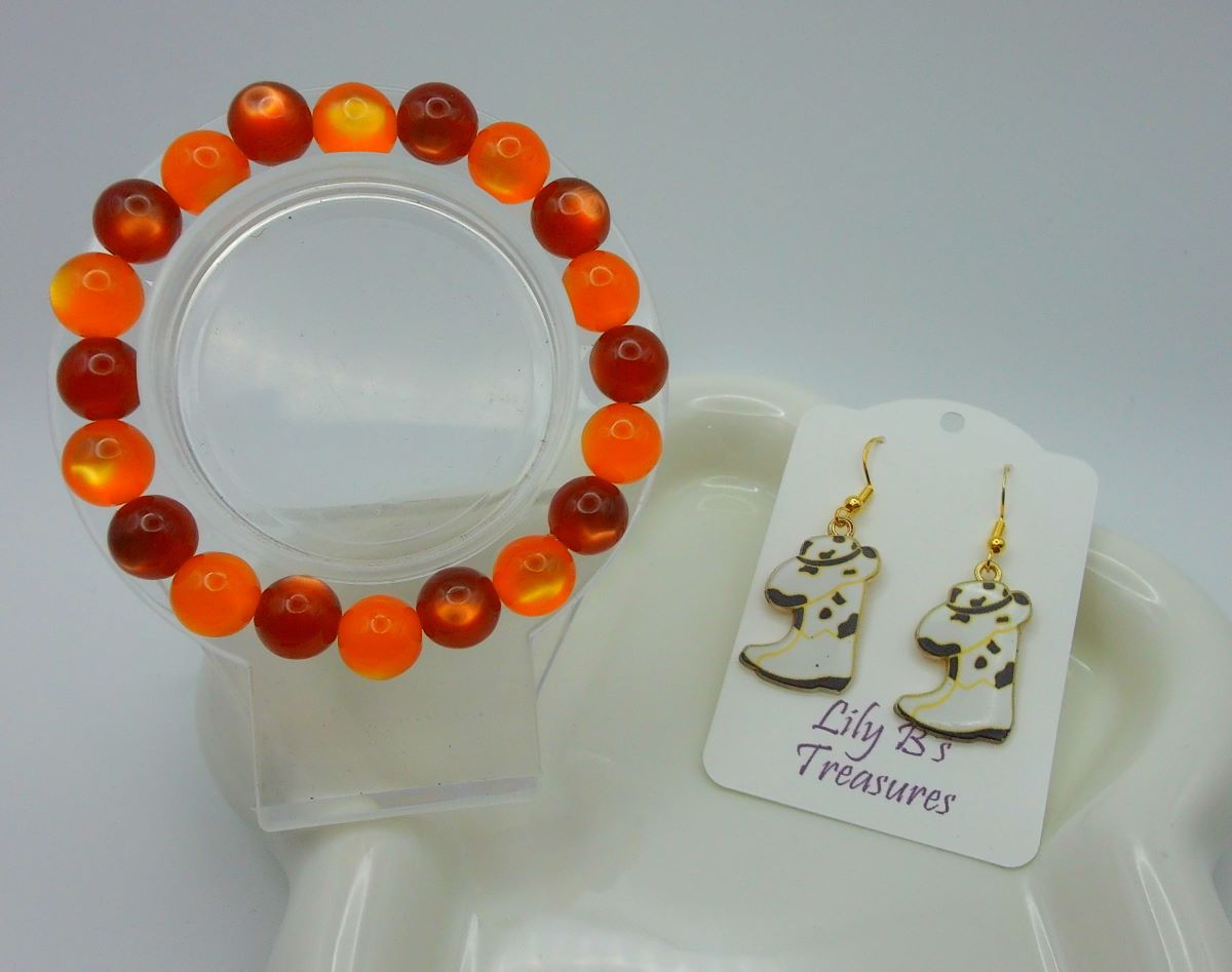 Orange & Brown Cat Eye Bracelet + Cow Print Cowboy Boot Earrings Set