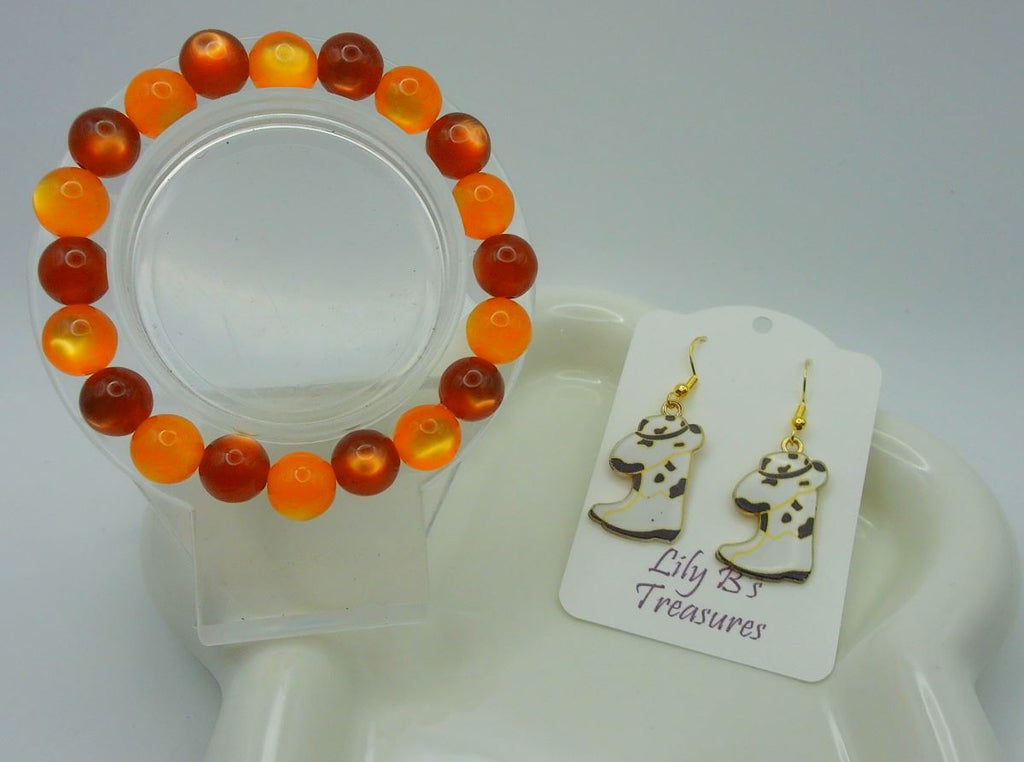 Orange & Brown Cat Eye Bracelet + Cow Print Cowboy Boot Earrings Set