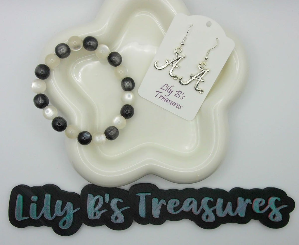 Black & White Resin Bracelet + Alabama A Earrings Set