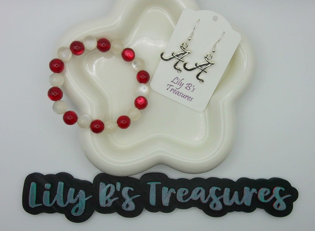 Red & White Resin Bracelet + Alabama A Earrings Set