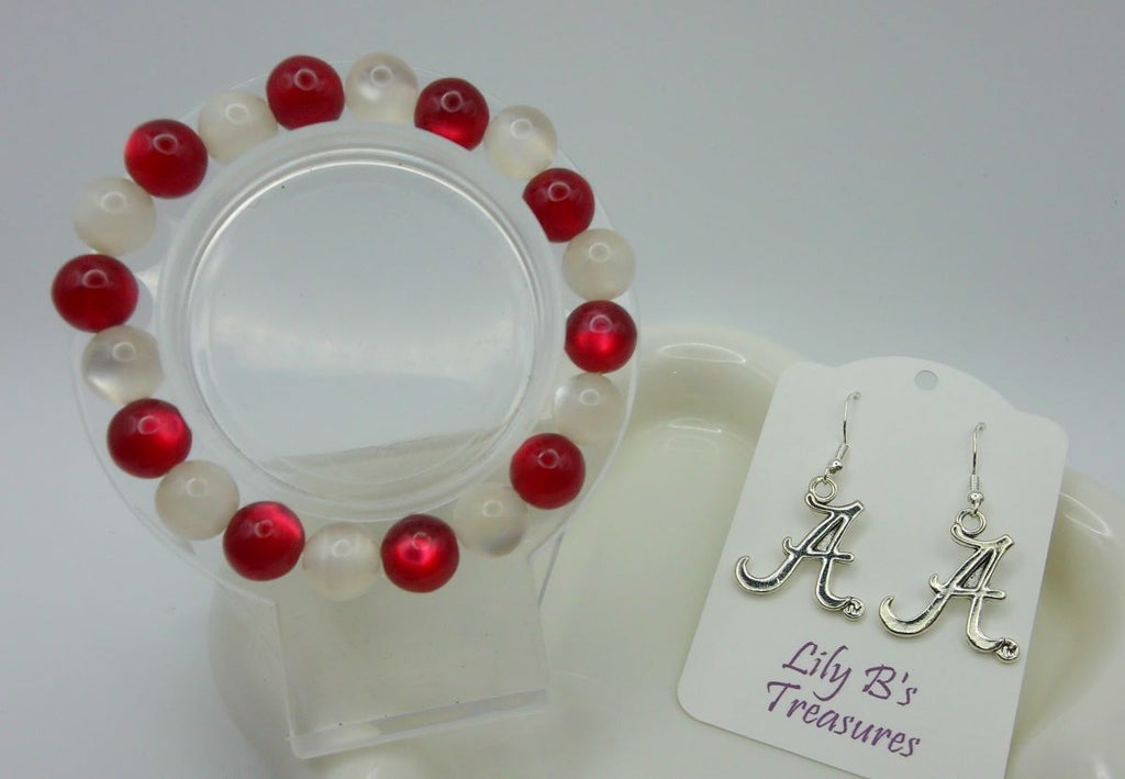 Red & White Resin Bracelet + Alabama A Earrings Set