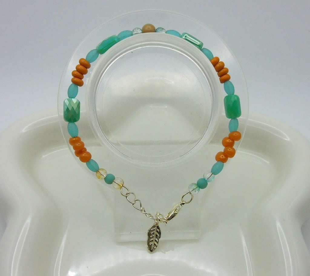 Tropical Sunrise Beaded Bracelet – Aqua, Orange & Gold with Leaf Charm
