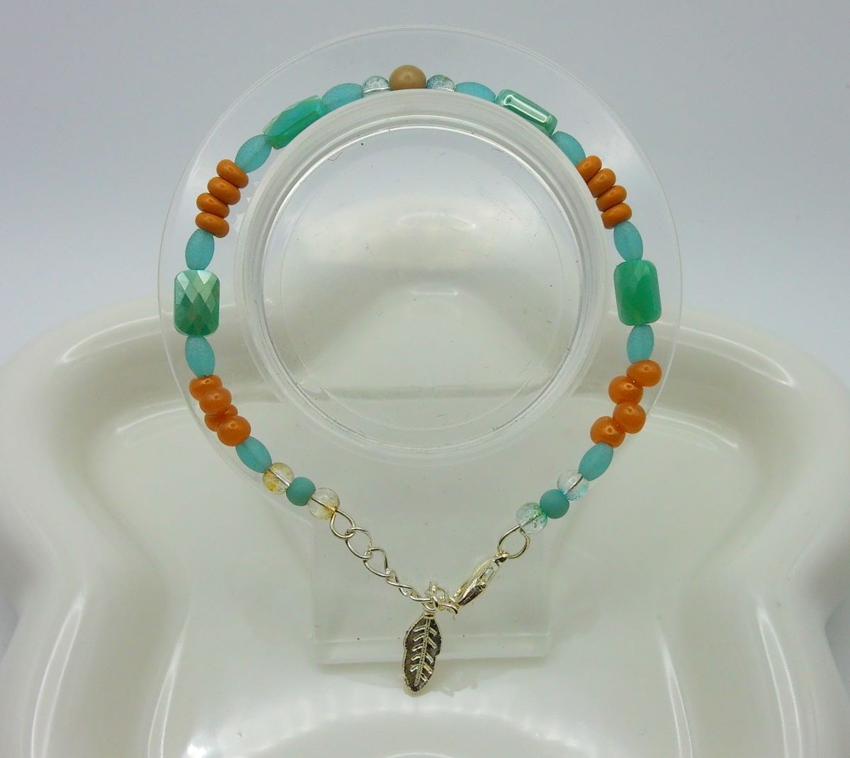 Tropical Sunrise Beaded Bracelet – Aqua, Orange & Gold with Leaf Charm