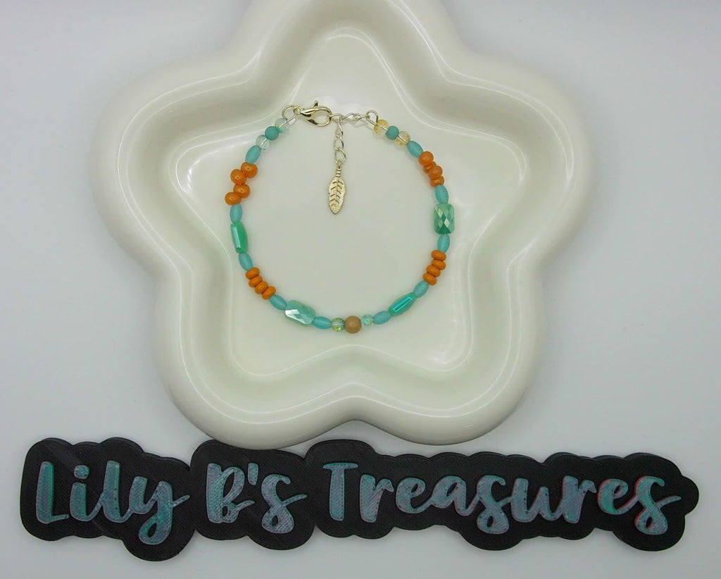 Tropical Sunrise Beaded Bracelet – Aqua, Orange & Gold with Leaf Charm