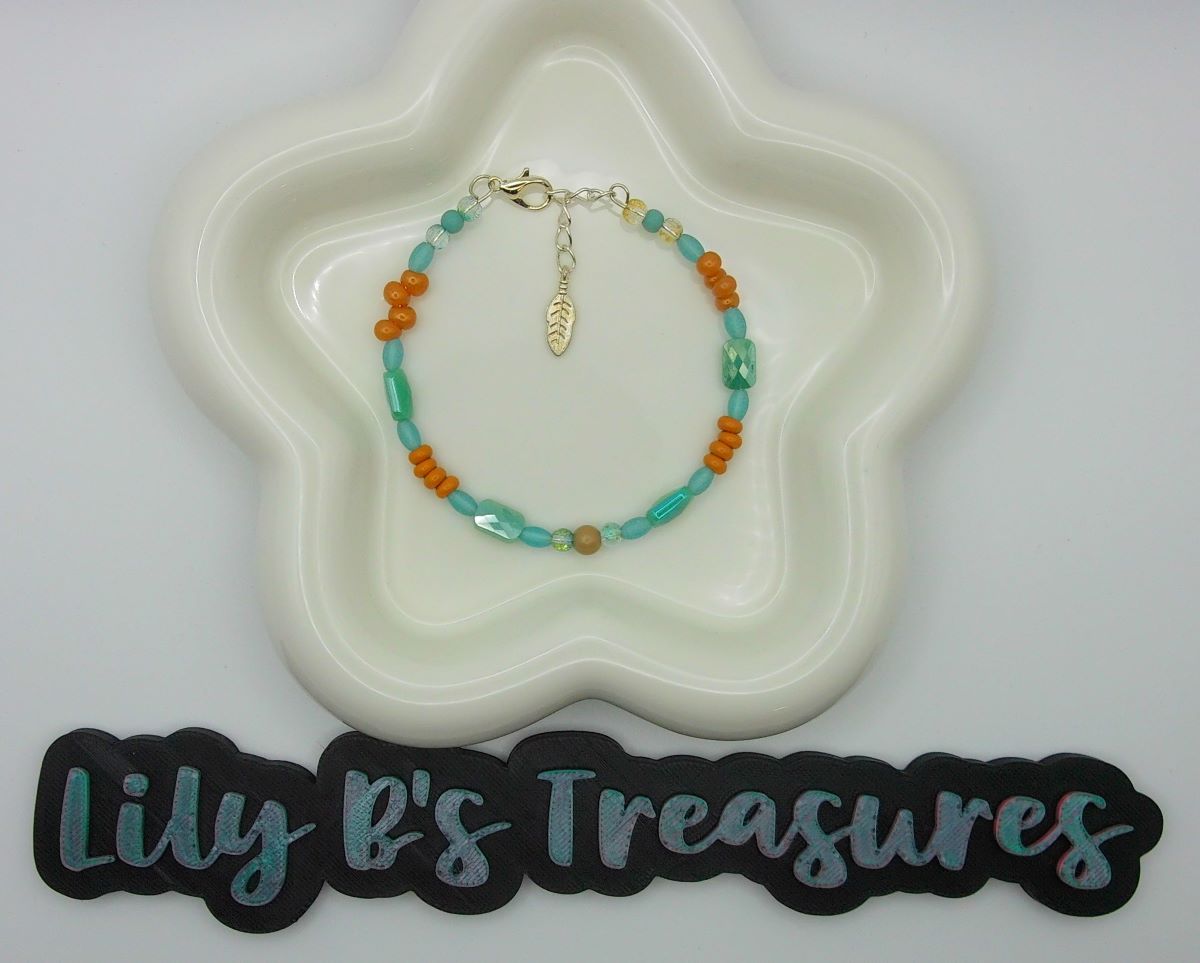 Tropical Sunrise Beaded Bracelet – Aqua, Orange & Gold with Leaf Charm