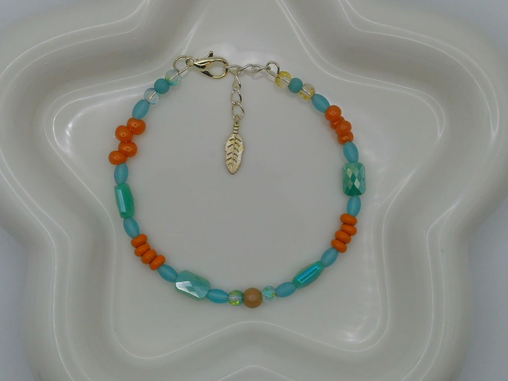 Tropical Sunrise Beaded Bracelet – Aqua, Orange & Gold with Leaf Charm