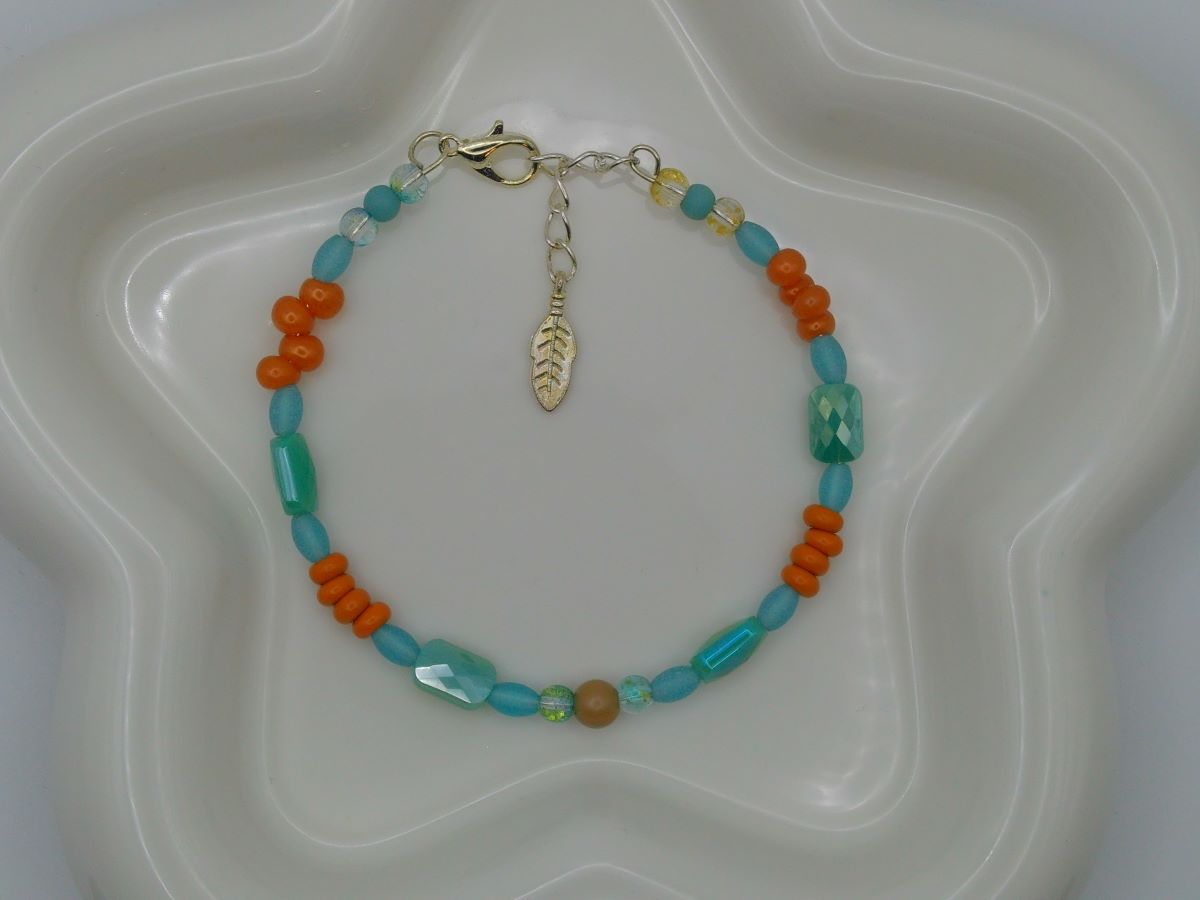 Tropical Sunrise Beaded Bracelet – Aqua, Orange & Gold with Leaf Charm