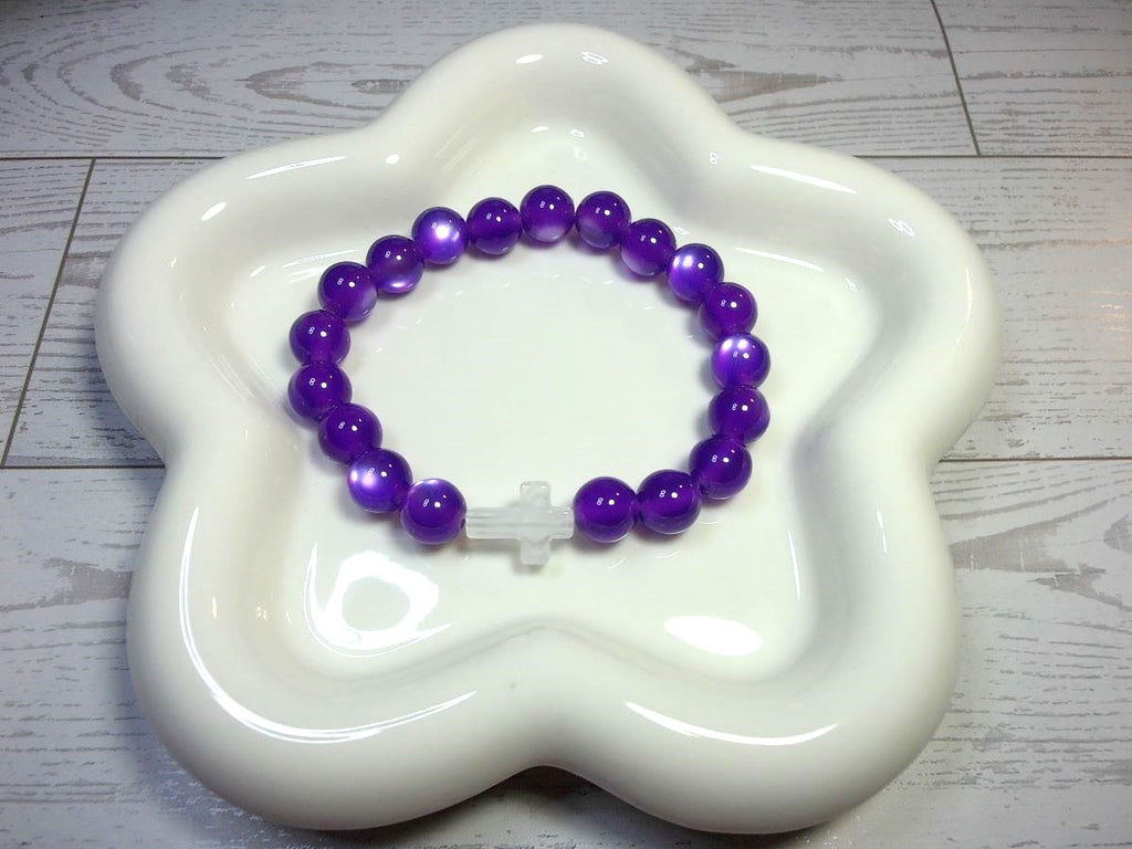 Purple Cat Eye Beaded Stretch Bracelet with White Marble Cross