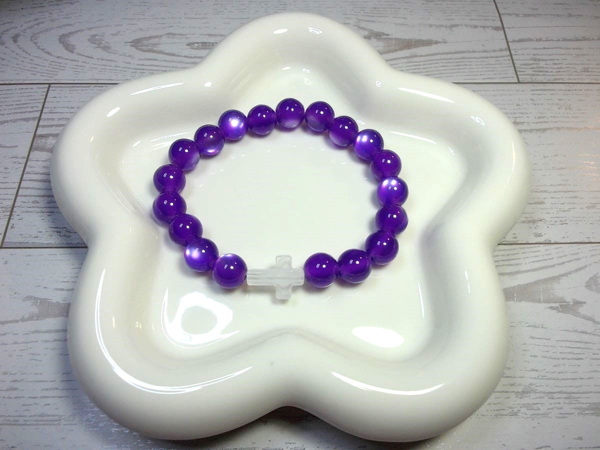 Purple Cat Eye Beaded Stretch Bracelet with White Marble Cross