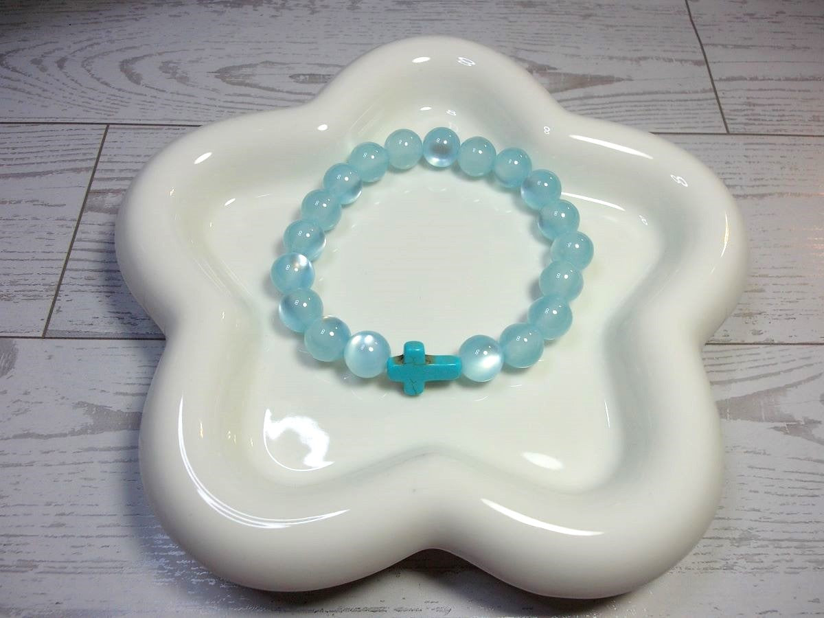 Turquoise Blue Cat Eye Beaded Stretch Bracelet with Matching Cross
