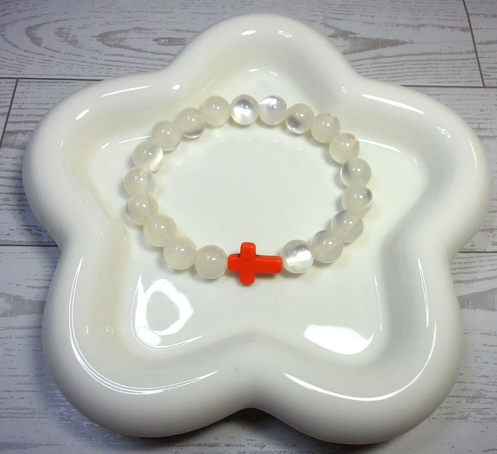 White Cat Eye Beaded Stretch Bracelet with Orange Cross