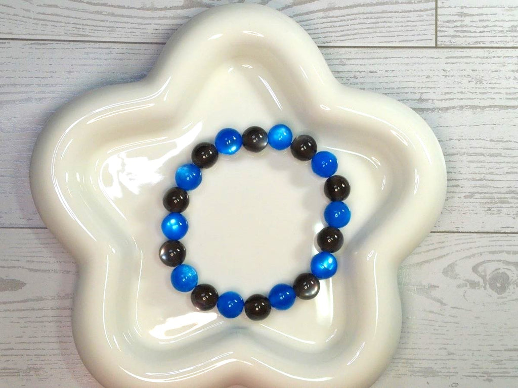 Blue and Smoke Gray Cat Eye Beaded Stretch Bracelet