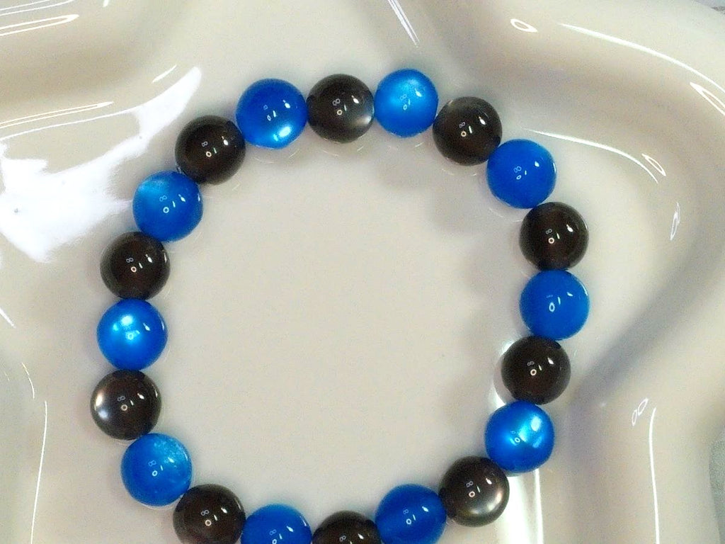 Blue and Smoke Gray Cat Eye Beaded Stretch Bracelet