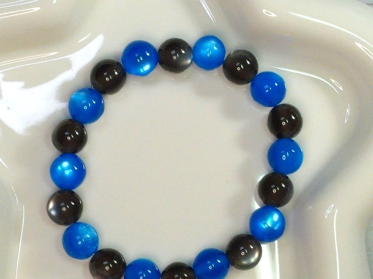 Blue and Smoke Gray Cat Eye Beaded Stretch Bracelet
