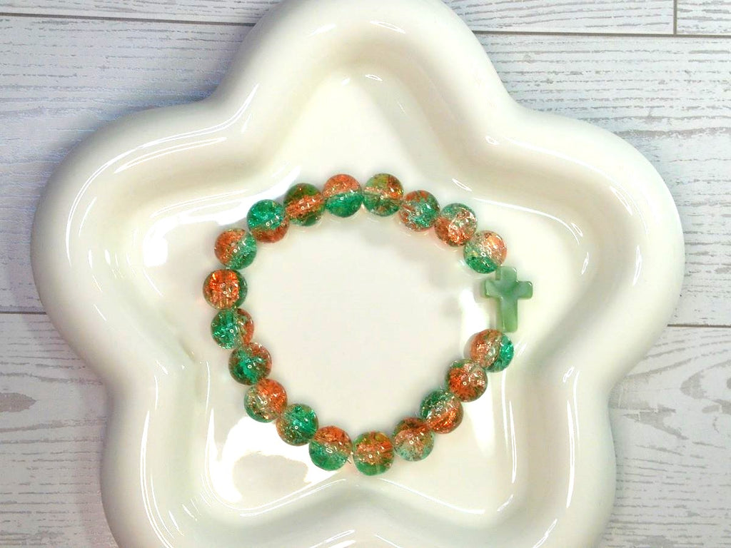 Orange and Green Beaded Stretch Bracelet with Green Cross