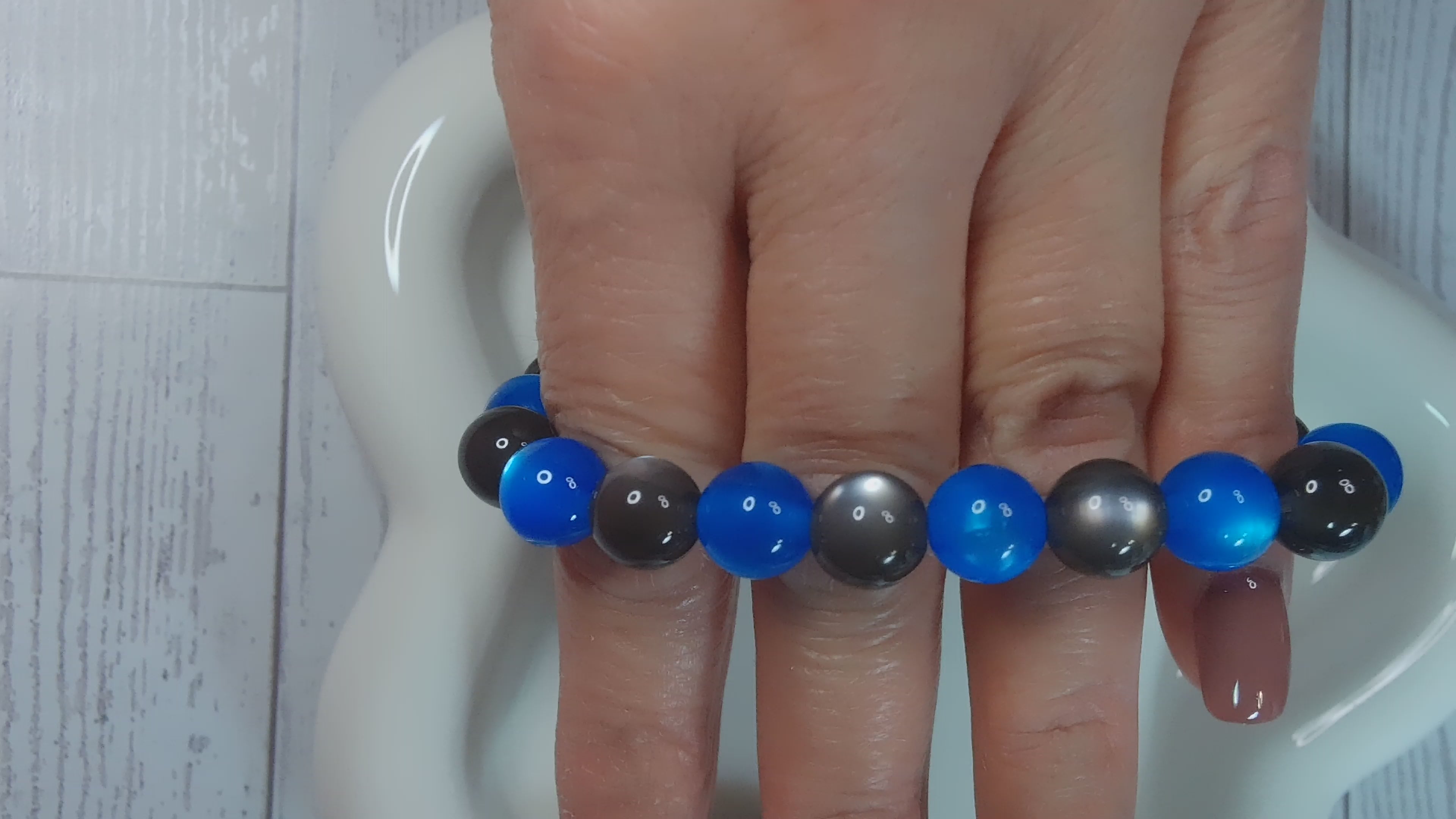 Blue and Smoke Gray Cat Eye Beaded Stretch Bracelet
